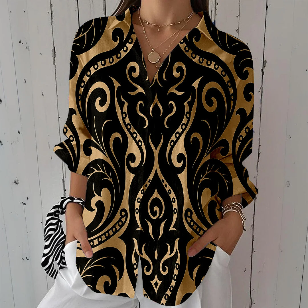 Style & Comfort for Mature Women Women Perris, Black, Khaki DZCL0124 3/4 Sleeve Shirt Collar Printed Button Tops