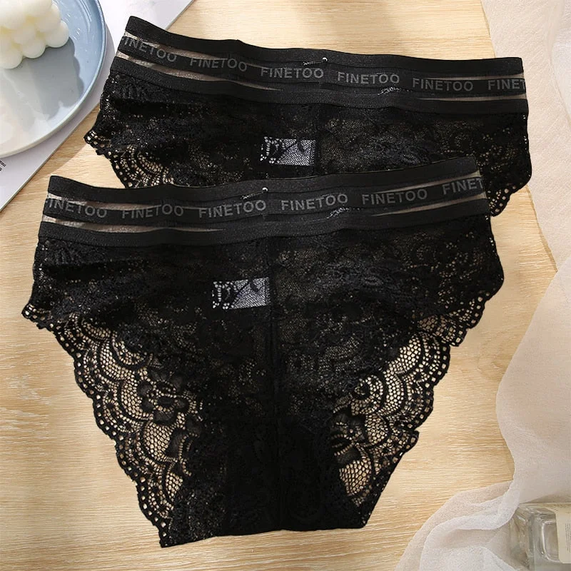 FINETOO 2PCS/Set L-XXL Floral Lace Women Panties High Waist  Sexy Lace Underwear Woman Letter Lingerie Female Seamless Briefs
