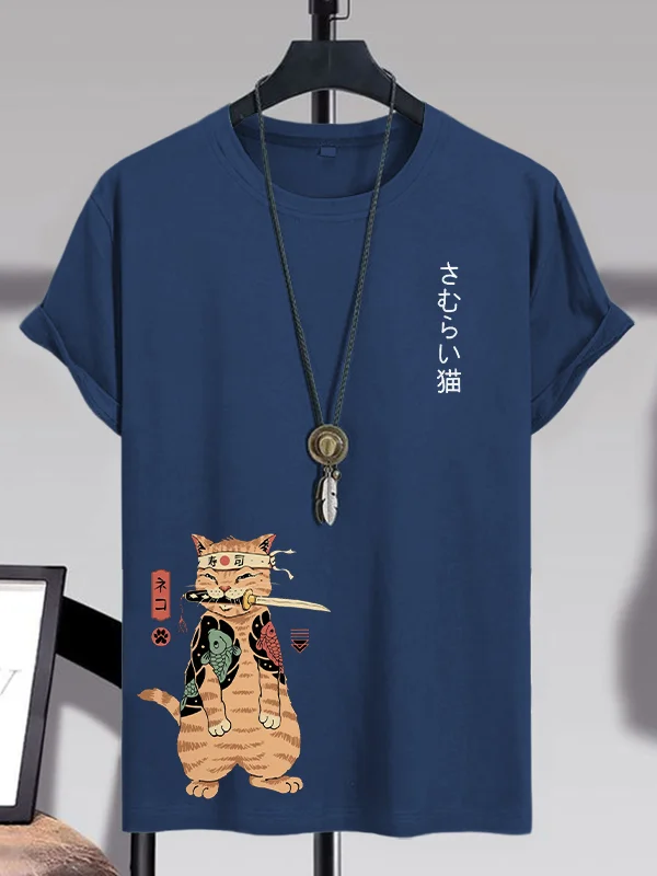 100% Cotton Men's Japanese Sushi Samurai Cat Print Casual T