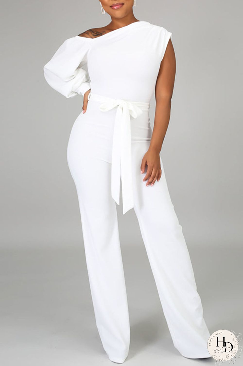 White Fashion Casual Solid Patchwork Asymmetrical Asymmetrical Collar Straight Jumpsuits