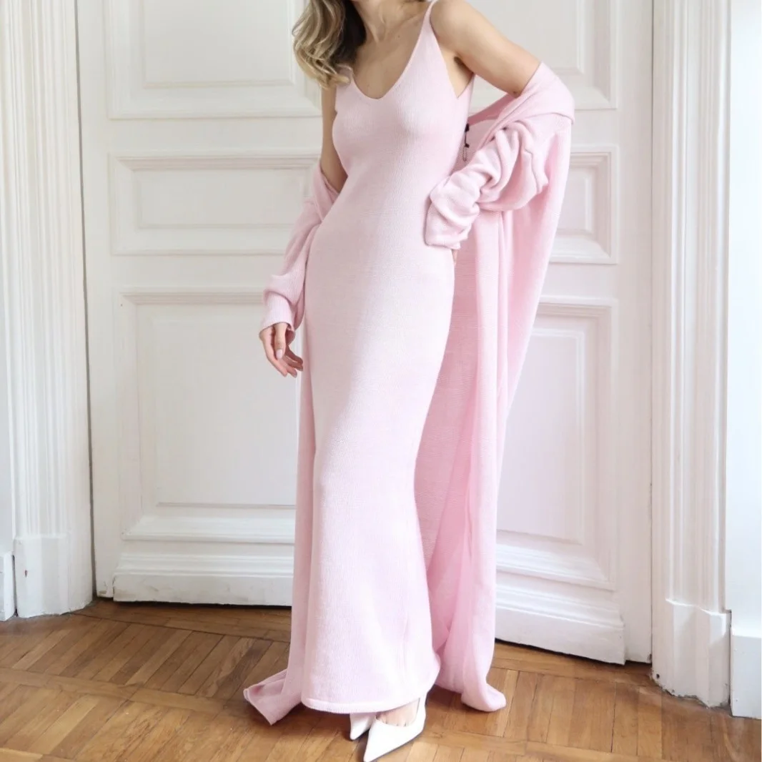 Athvotar Athvotar Hot Cotton Knitted Hollow Vest Long Dress + Long Sleeve Open Shirt Set Women's Soft Knitted Shirt