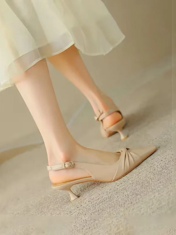 Pleated Pointed-Toe Shallow Cut Sling Shoes