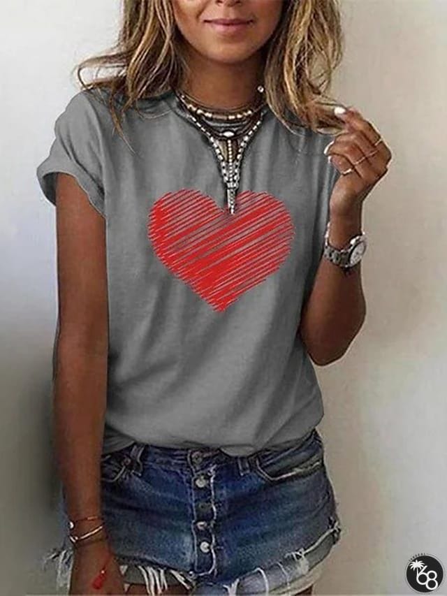 Women's T shirt Tee Black White Blue Graphic Heart Print Short Sleeve Casual Daily Basic Vintage Round Neck Regular S | 168DEAL