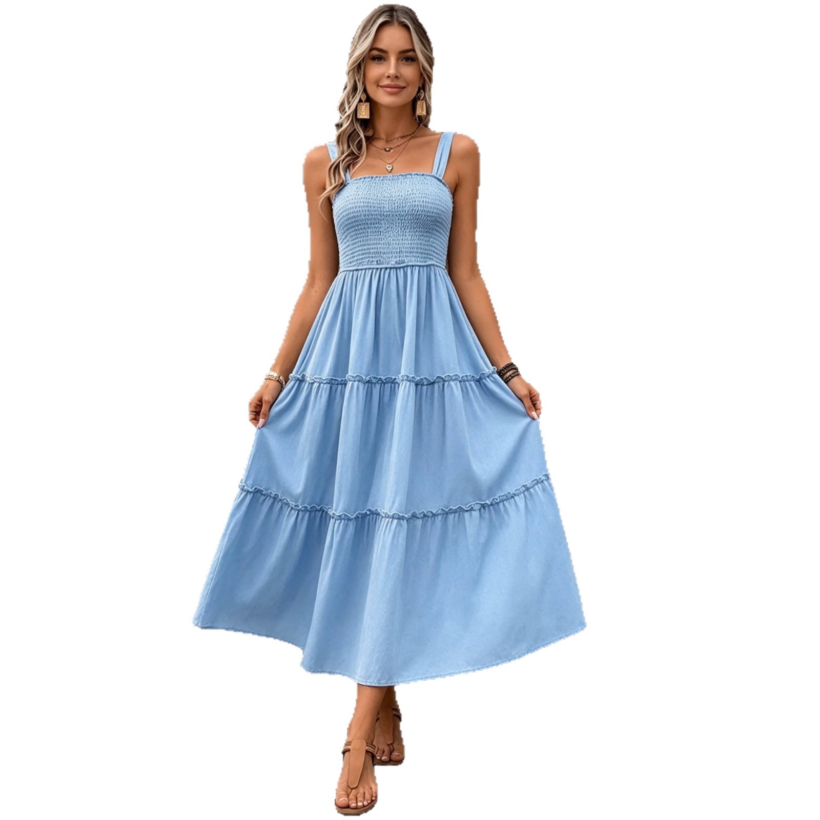 Women Square Neck Sleeveless Ruffle A-Line Dress