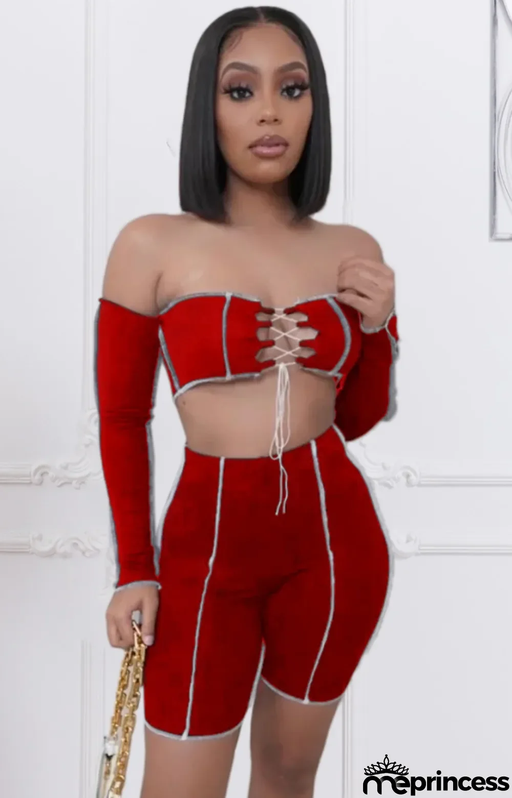 Summer Red Sexy Lace-Up Bandeau Top and High Waist Shorts Set