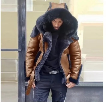 Brownm Brownm Men's Imitation Leather Plus Thick Fur One Short Zipper Coat Hooded Men's Coat