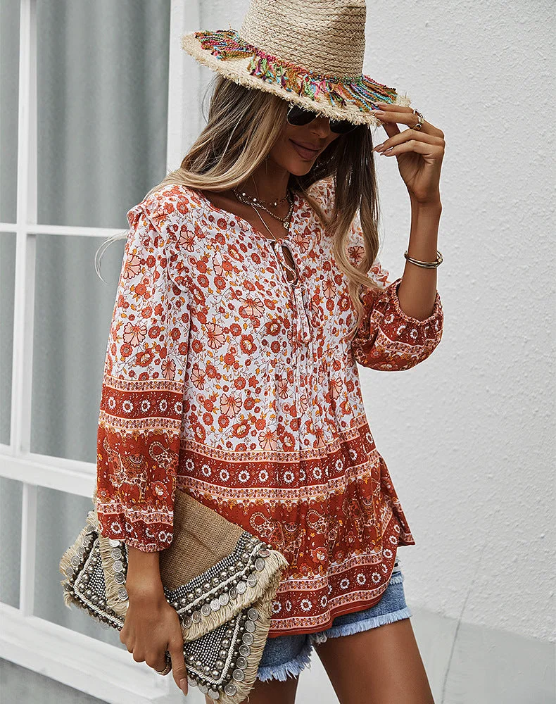 Women's Simian Style Lace-Up Loose Blouses