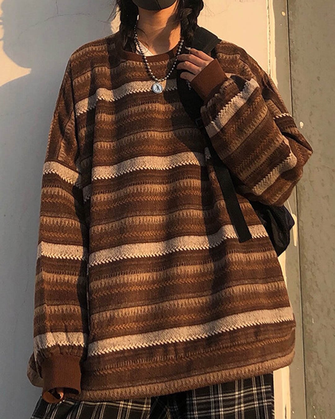Fashionv-Loose Retro Lazy Striped Woolen Pocket Crew Neck Sweater