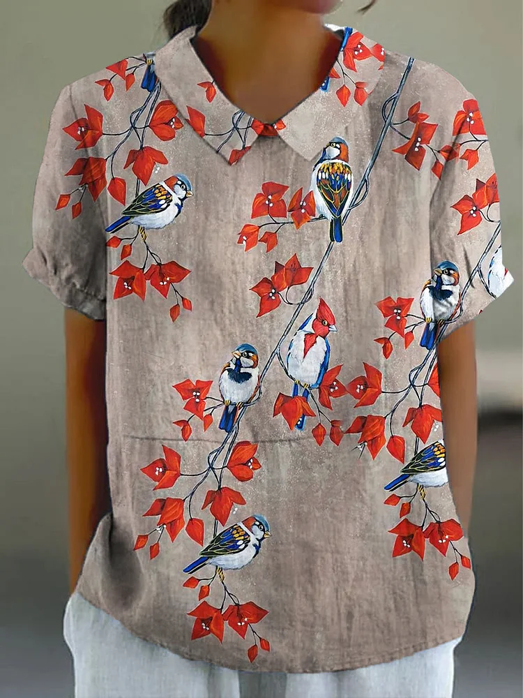 Women's Lapel Vintage Floral Bird Pattern Cotton Blouse