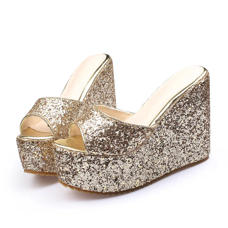 Wongn Wongn Bottom Sandals Women's Shoes 2023 New High Heel Banquet Reception Shoes Sequined Wedge Slippers Summer