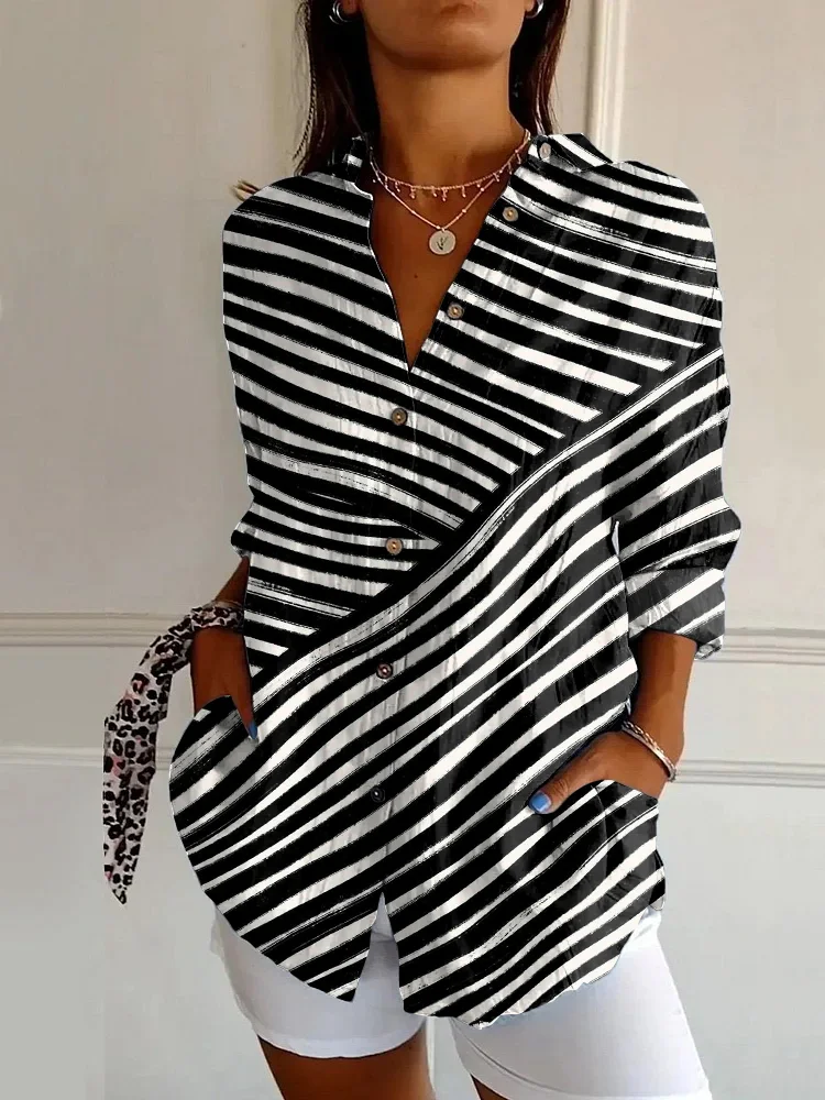 Vintage Abstract Art Stripe Print Casual Long Sleeve Shirt
