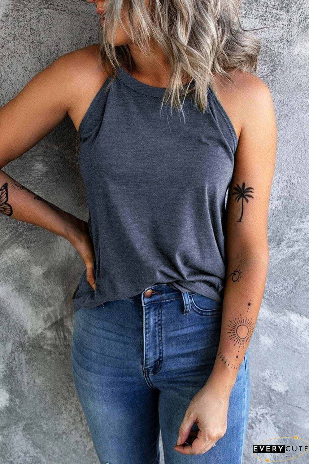 Navy Blue Sleeveless Crew Neck Tank Top