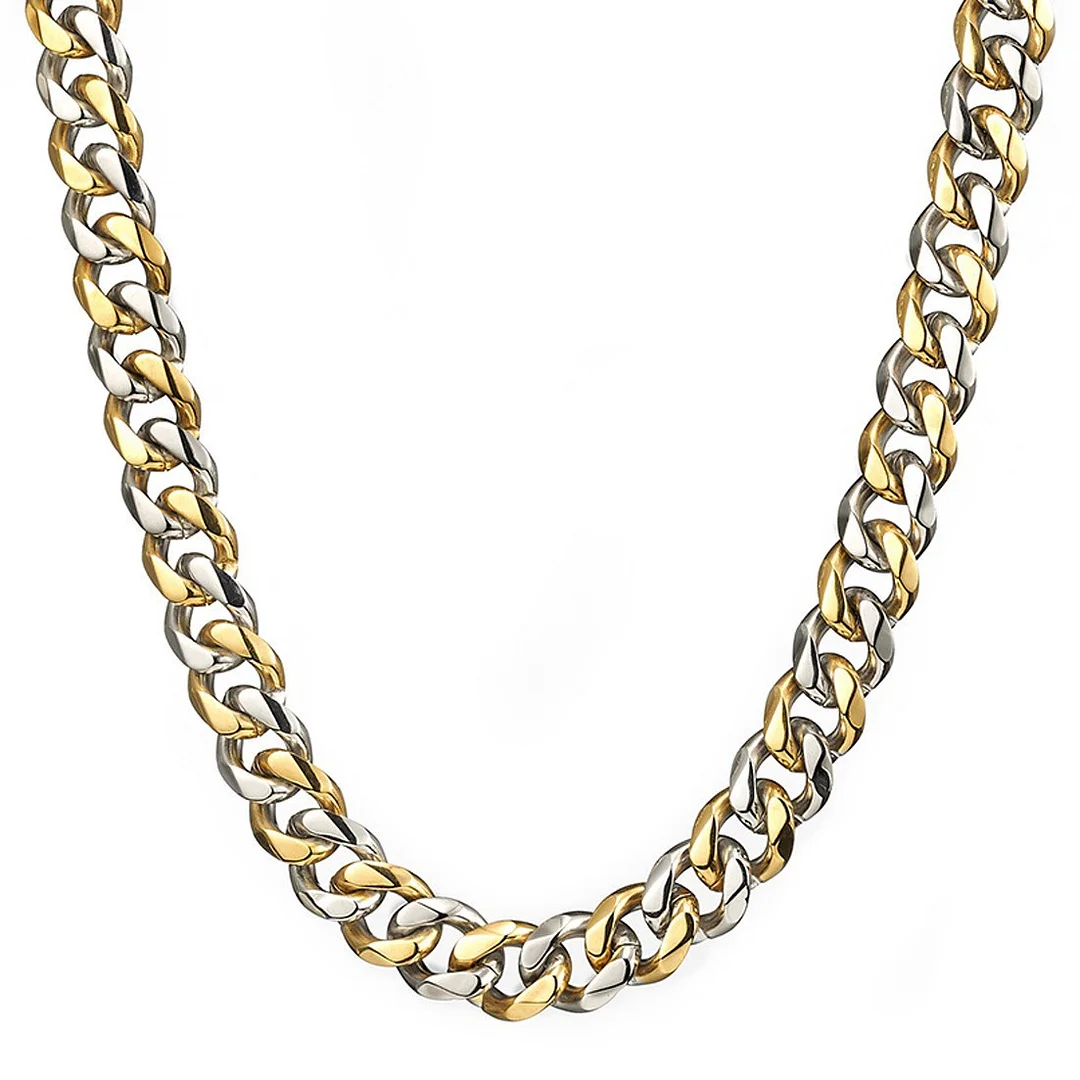 Sliver/Gold Plated Titanium Stainless Steel 15mm Curb Bracelet Necklace Diamond Chains Cuban Link Chain Set For Men