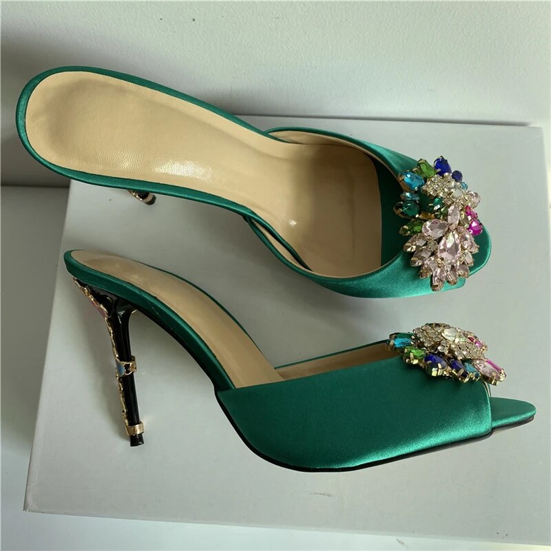 VCSHOES Petal Decor Stiletto Heel Sandals Women Satin Open Toe Slingbacks Rhinestone Flower Party Shoes