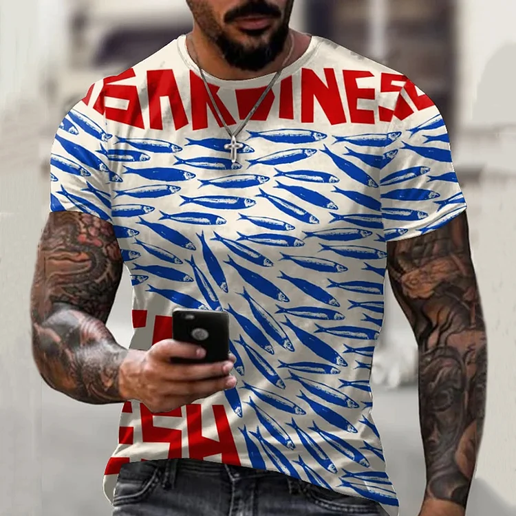Men's Sardines Fish Print Vintage T-Shirt