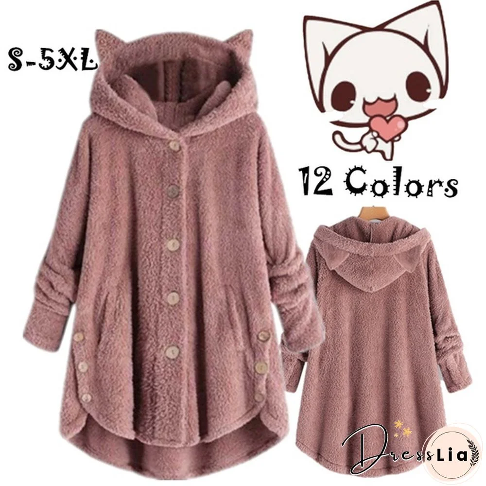 12 Colors Autumn Winter Women Soft Furry Fleece Long Coat Jacket Cute Cat Ears Plush Hoodies Ladies Casual Loose Warm Jacket Plus Size