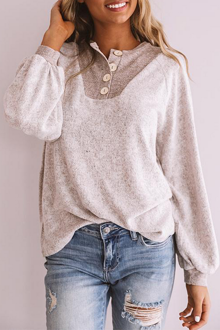 Casual Patchwork Buckle  Contrast O Neck Tops - Life is Beautiful for You - SheChoic