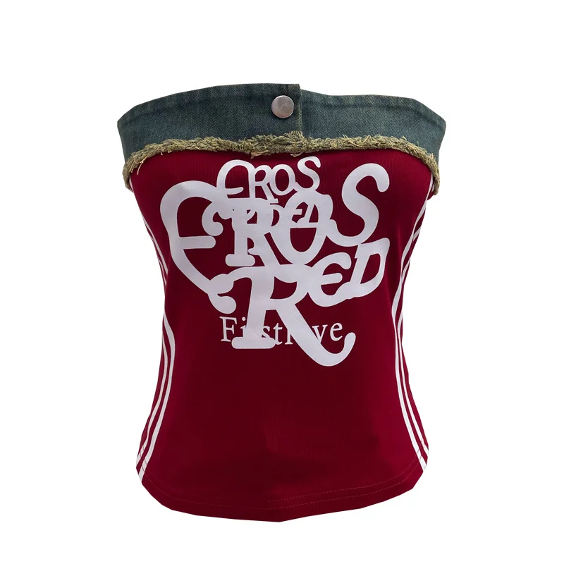 Nigikala Nigikala Shooting Cowboy Splicing Braid Vest Babes Letter Graffiti Printing Short Sleeveless Outside Wear 8927