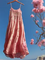 Boho Pink Floral Lace Flowy Linen Cami Maxi Dress