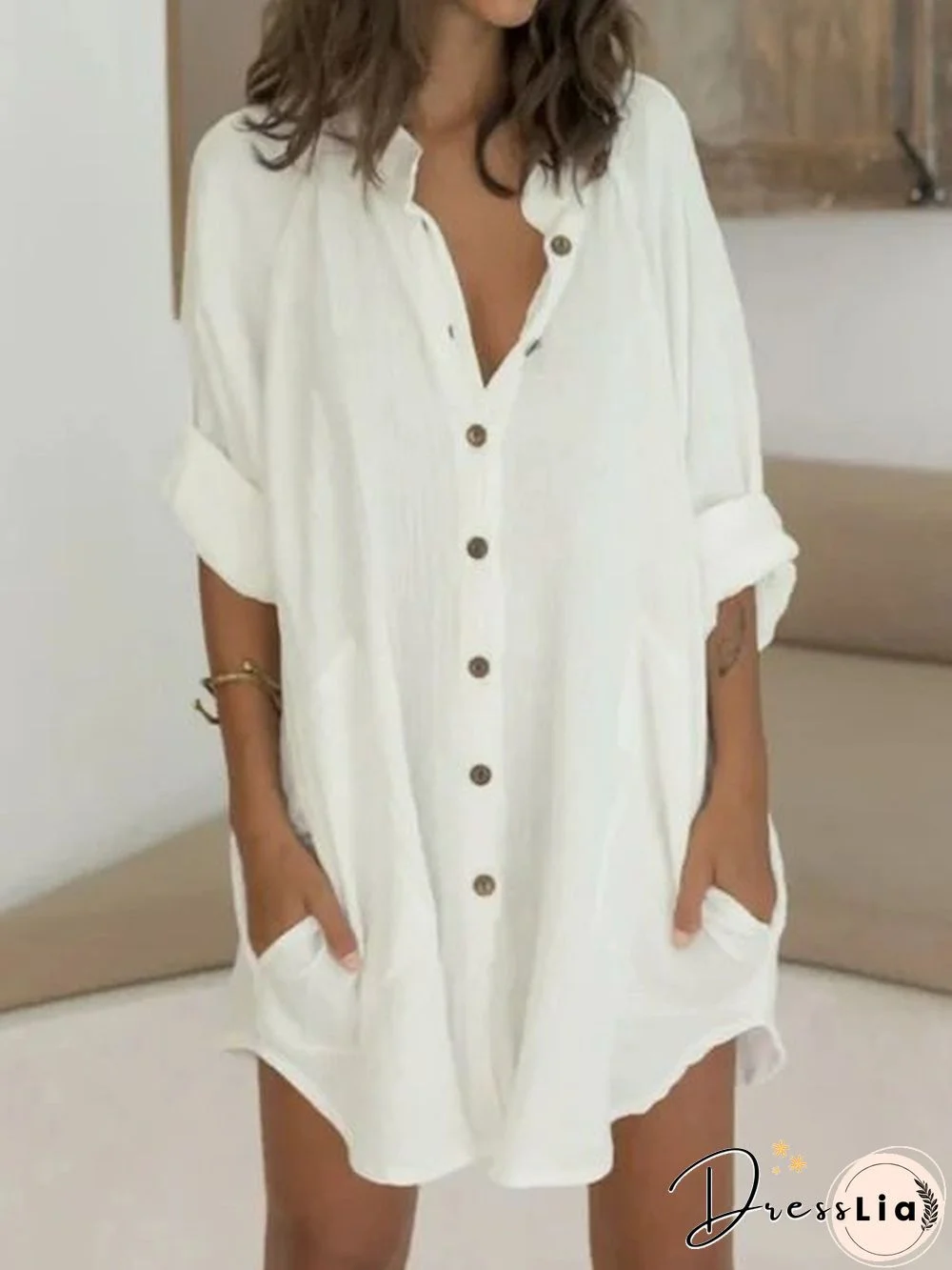 Women Casual Half Sleeve Linen Plain Mini Dresses