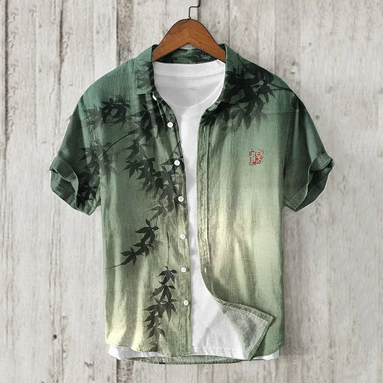 Comstylish Japanese Bamboo Forest Art Vintage Linen Blend Shirt