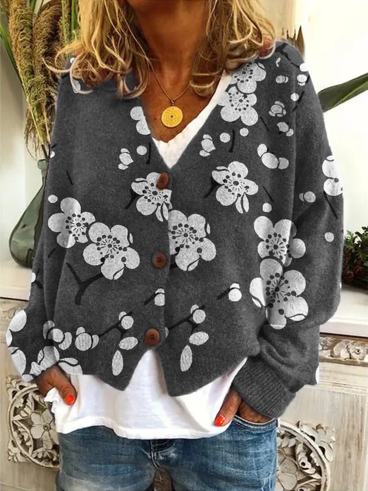 Plum Blossom Japanese Lino Art Cozy Knit Cardigan