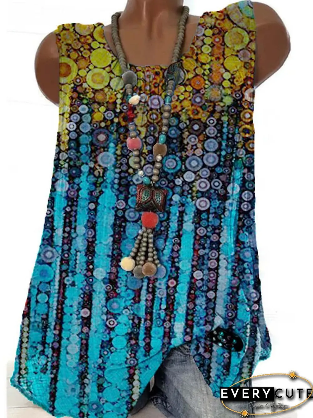 Ombre/Tie-Dye Sleeveless Printed Cotton-blend Crew Neck Casual Summer Blue Top