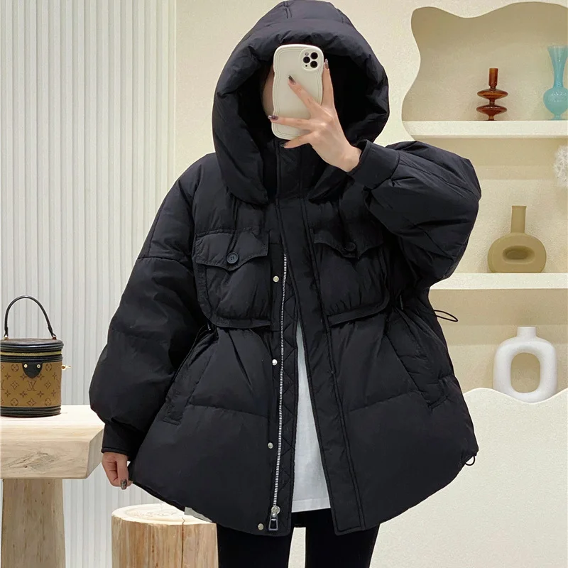 Toloer Korean Version Sweet Short Down Jacket Female 2024 Winter New Fashion Draw Rope Design Sense White Duck Down Add Thick Coat-Outfit Ideas