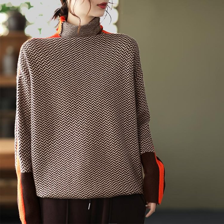Winter Retro Turtleneck Patchwork Knitted Sweater