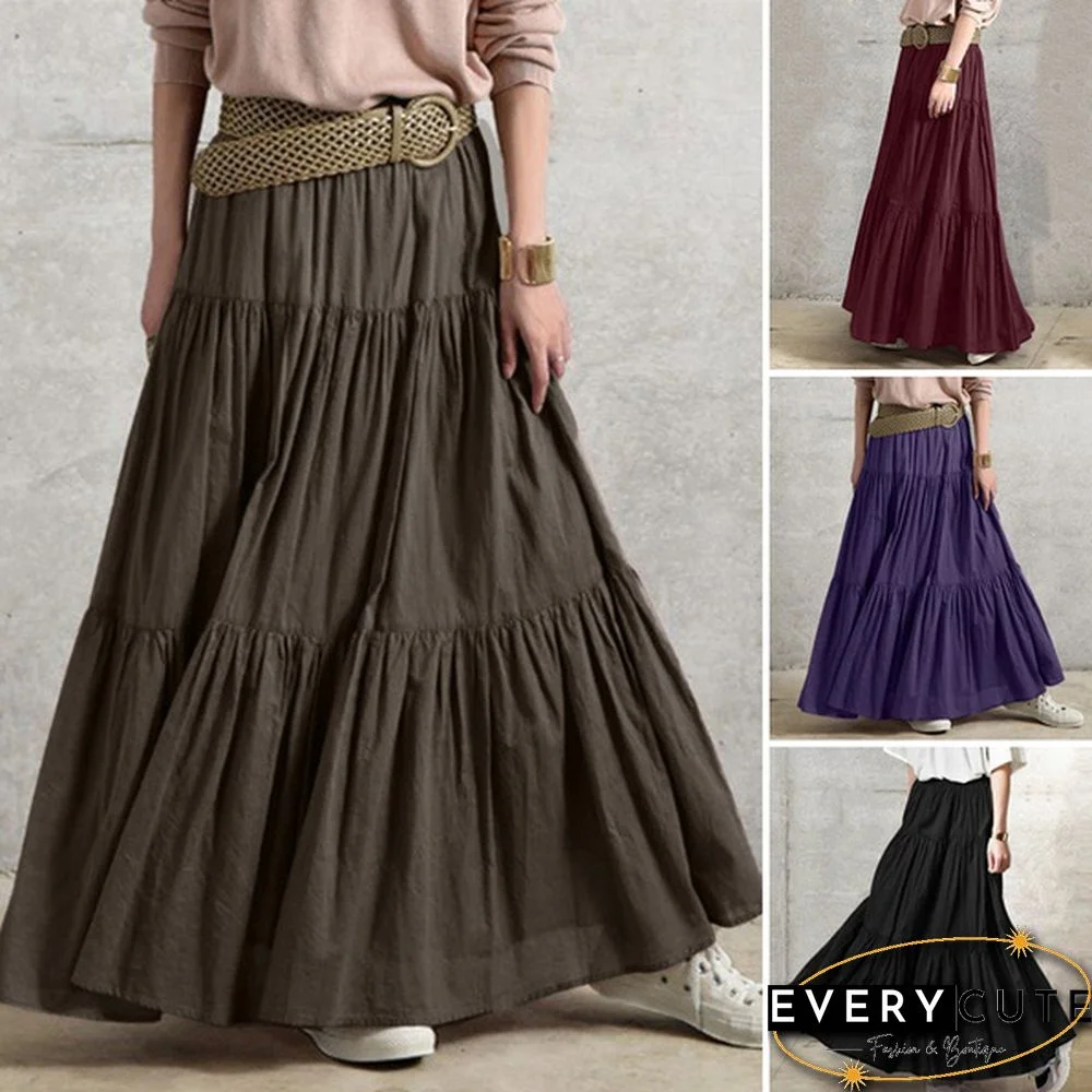Women Elastic Waist Plus Size Casual Loose Long Skirts Ruffled Hem Long Dresses