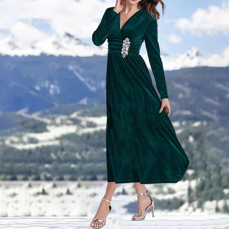 Elegant green waisted velvet evening dress women's  maxi dress