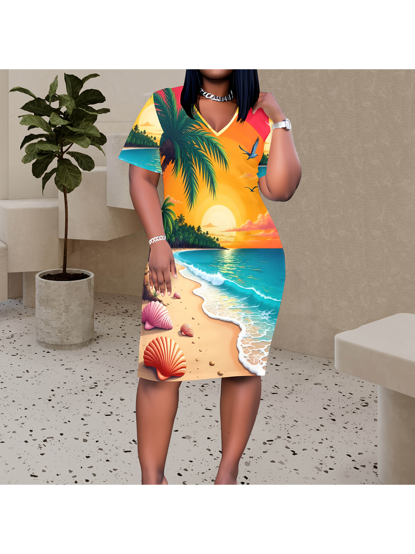 Plus Size Women's Tropical Beach Vacation Dress - V-Neck Short Sleeve Mid-Length Swimsuit-Style Dress With Palm Trees & Sunset Print, Stretchy Fabric For Casual Outings, Poolside Lounging & Summer Getaways, Beach Dress, Poolside Attire, Comfortable Fit