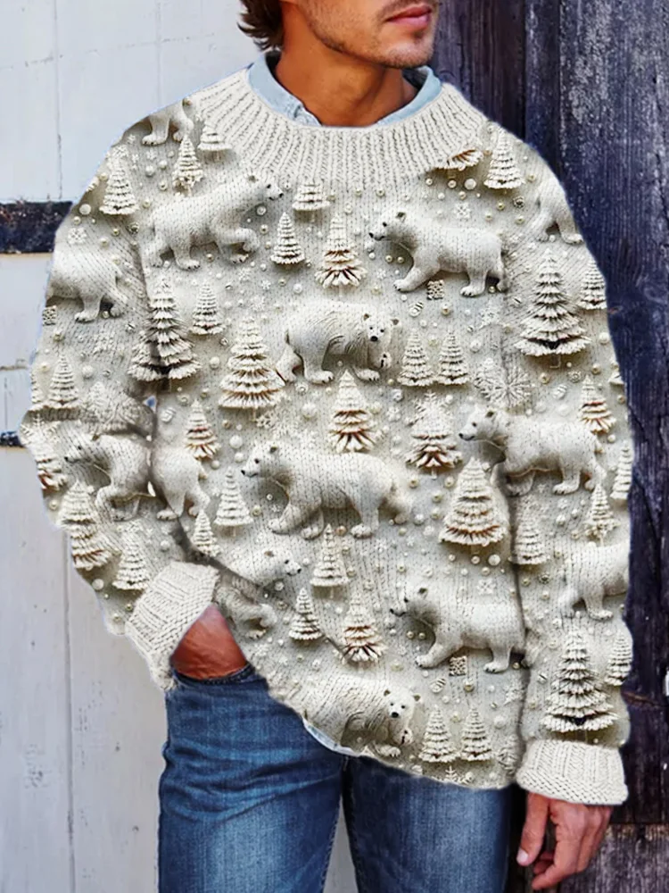 Winter Christmas Tree & Bear Men's Cozy Sweater