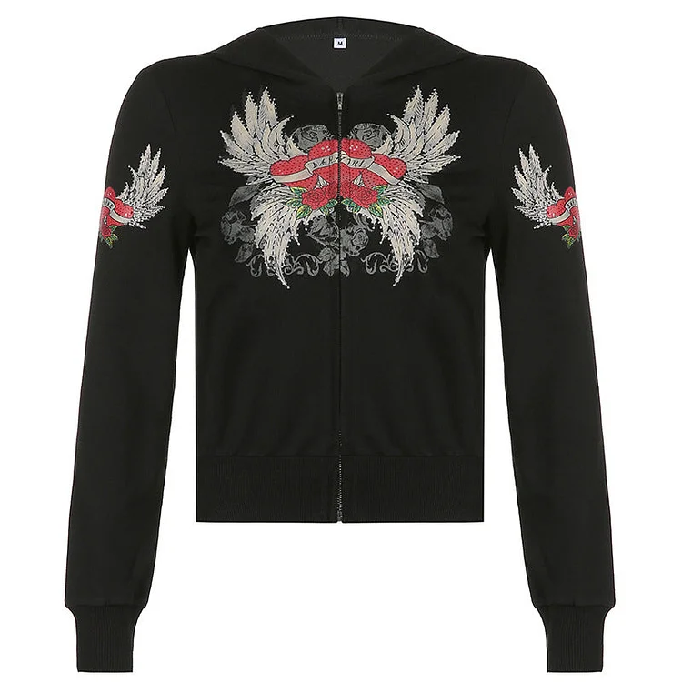 Black Rose Hoodie Rose Wings Printing Contrast Color Long Sleeves Hooded Zipper Sweatshirt