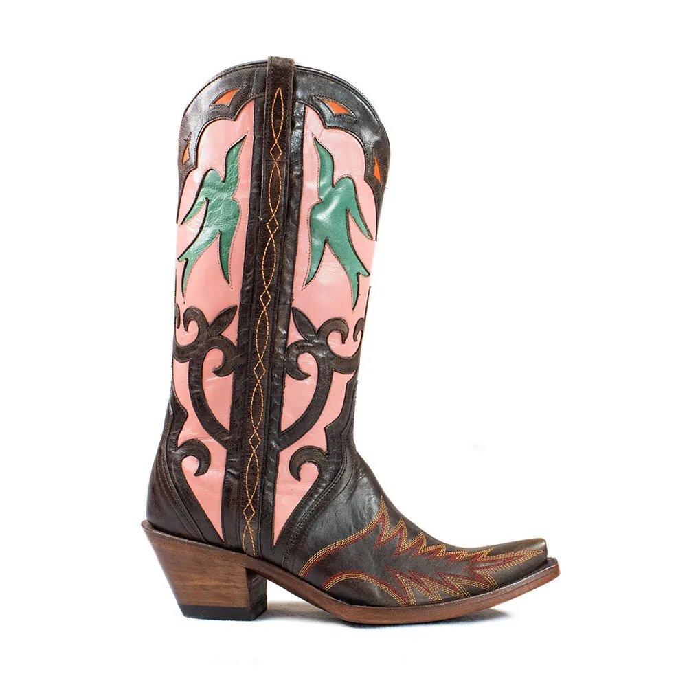 Multicolor Decorative Inlay Chunky Heel Wide Calf Cowgirl Boots