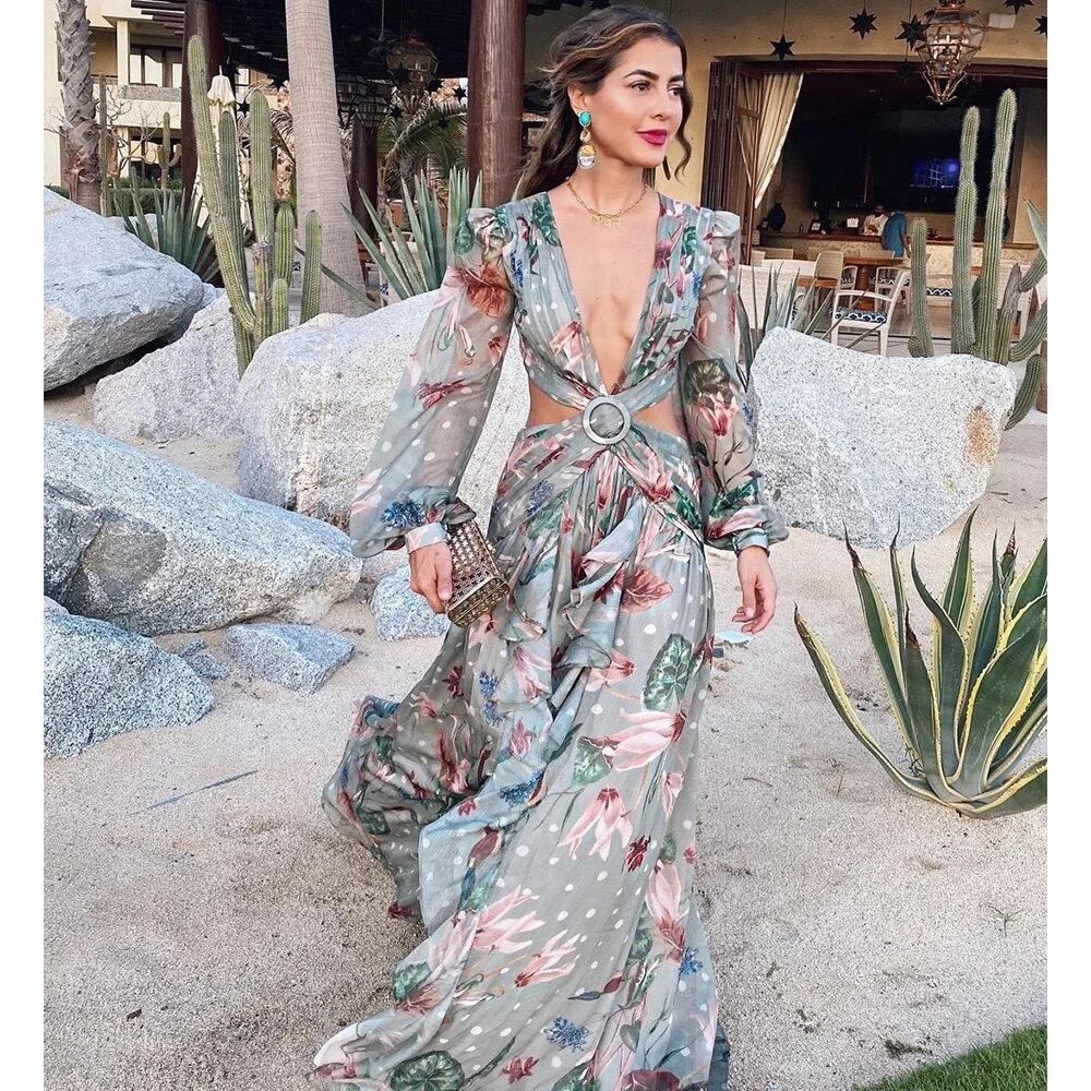2021 Beach Dress Summer Floral Swimsuit Print Belt Bathing Suit Women Long Cover Up Off Shoulder Beachwear Bandeau Halt Swimsuit