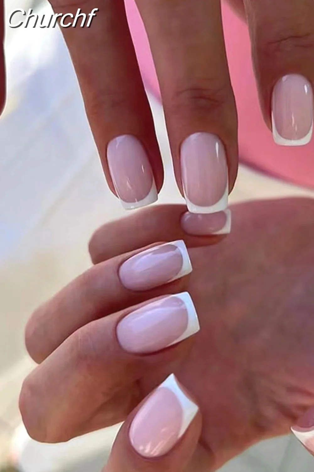 Churchf French White Side False Nails Wearable Rhinestone Desgin Fake Nails Short Simple Nail Full Cover Nail Tips Press On Nails-Nail Inspo