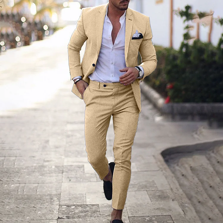 Men's Business Solid Color Button Blazer & Pocket Pants 2Pcs Set
