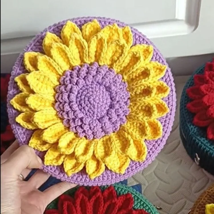 Lulusnow Handmade Purple 3D Sunflower Crochet HandBag[Gift:1PC Pearl Bag Strap]