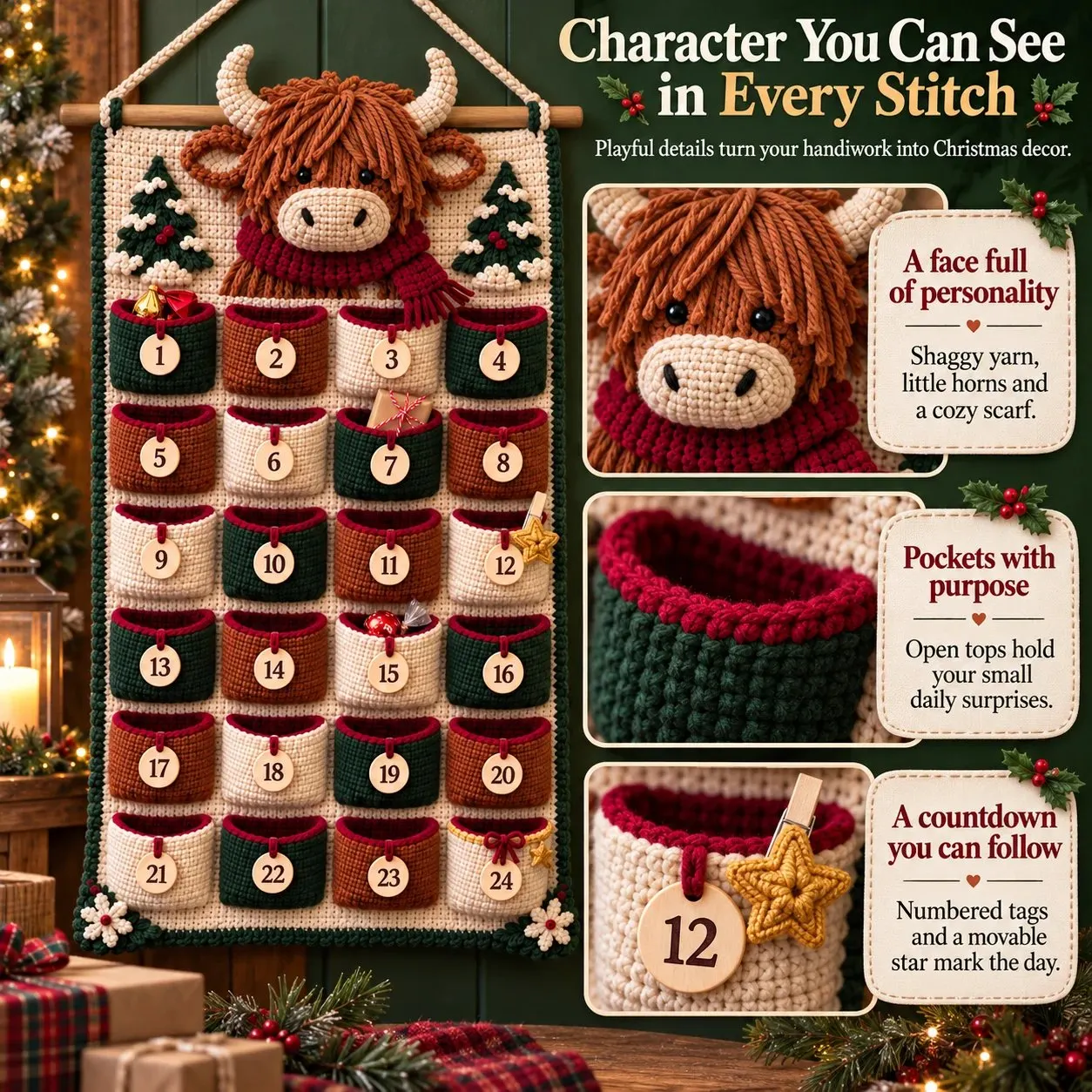 Close views of the Highland cow's crocheted face, open pockets and numbered tag with star marker