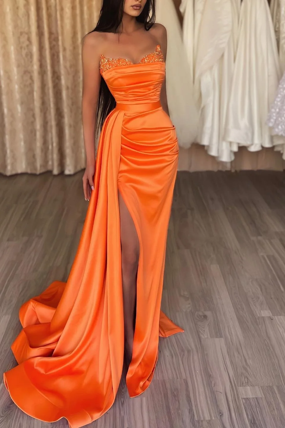 Daisda Orange Strapless Split Long Mermaid Prom Dress With Ruffles