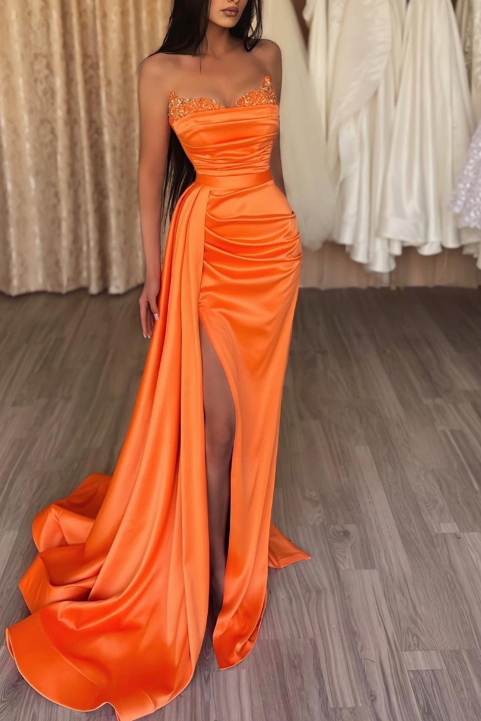 Luluslly Orange Sweetheart Mermaid Prom Dress Split Long With Sequins Ruffles