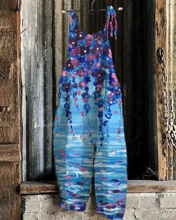 Fashion Oil Painting Style Floral Women Casual Linen Jumpsuits