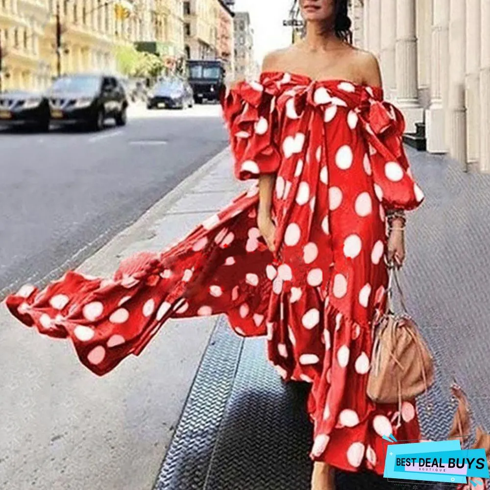 Bohemian Dress Off-The-Shoulder Polka Dot Dress Women's Casual Dress