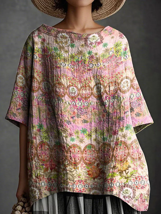 Women's Art Floral Hippie Print Round Neck Half Sleeves