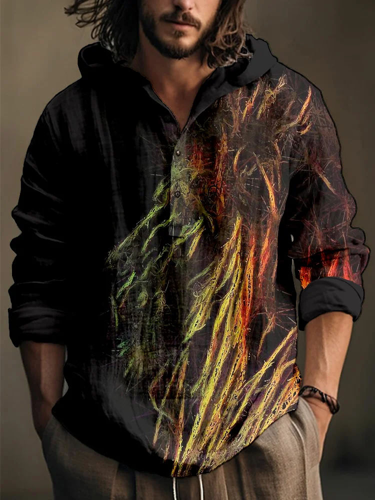 Men's Reggae Lion Art Linen Blend Hooded Shirt