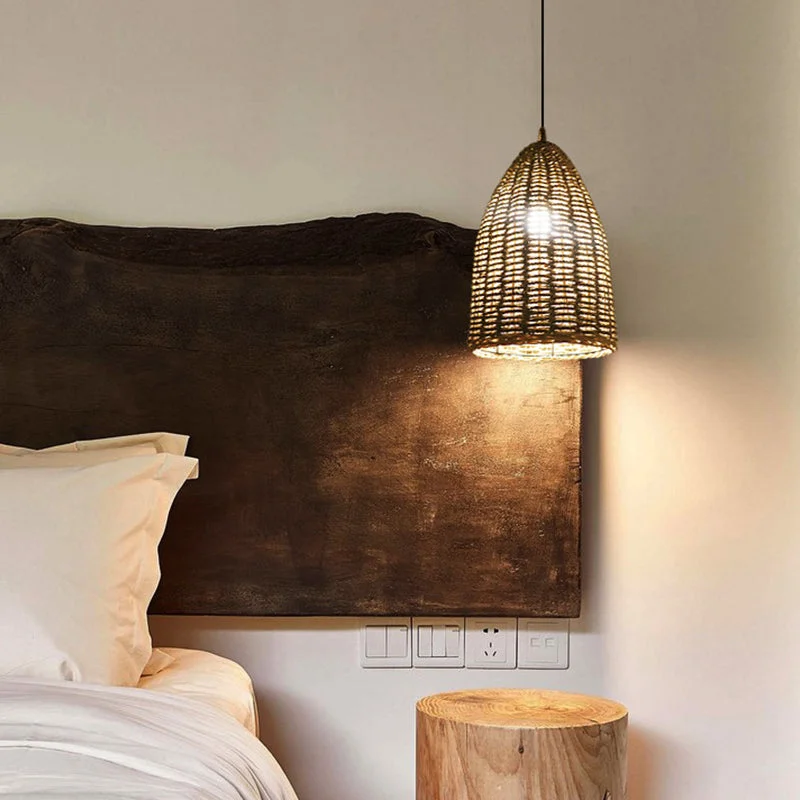 Rattan Bell Pendant Light Rustic Hanging Lampshade For Bedroom