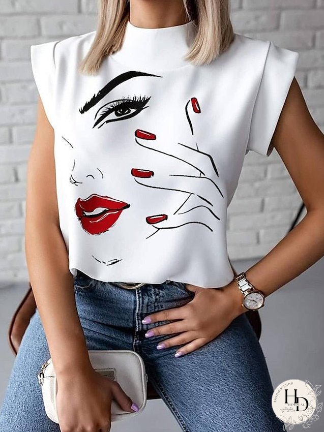casual short sleeve t shirt elegant red lips stand neck tops blouse (red lips, x-large) for Women