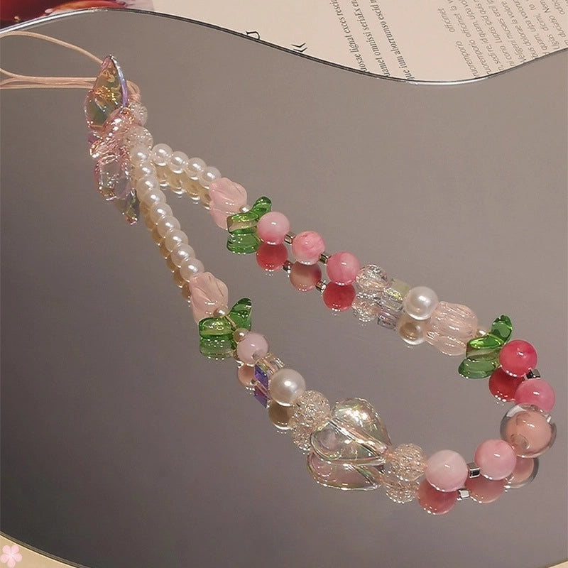 Sweet Minimalist Flower Butterfly Arylic Artificial Crystal Beaded Plating Mobile Phone Chain