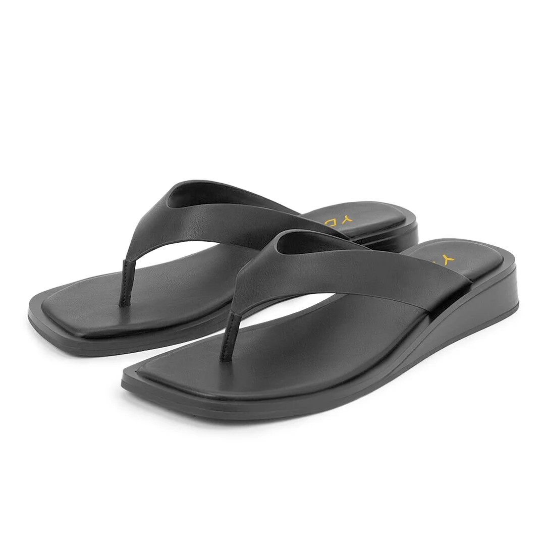 Black Vegan Leather Open Square Toe Flat Casual Flip Flops for Women